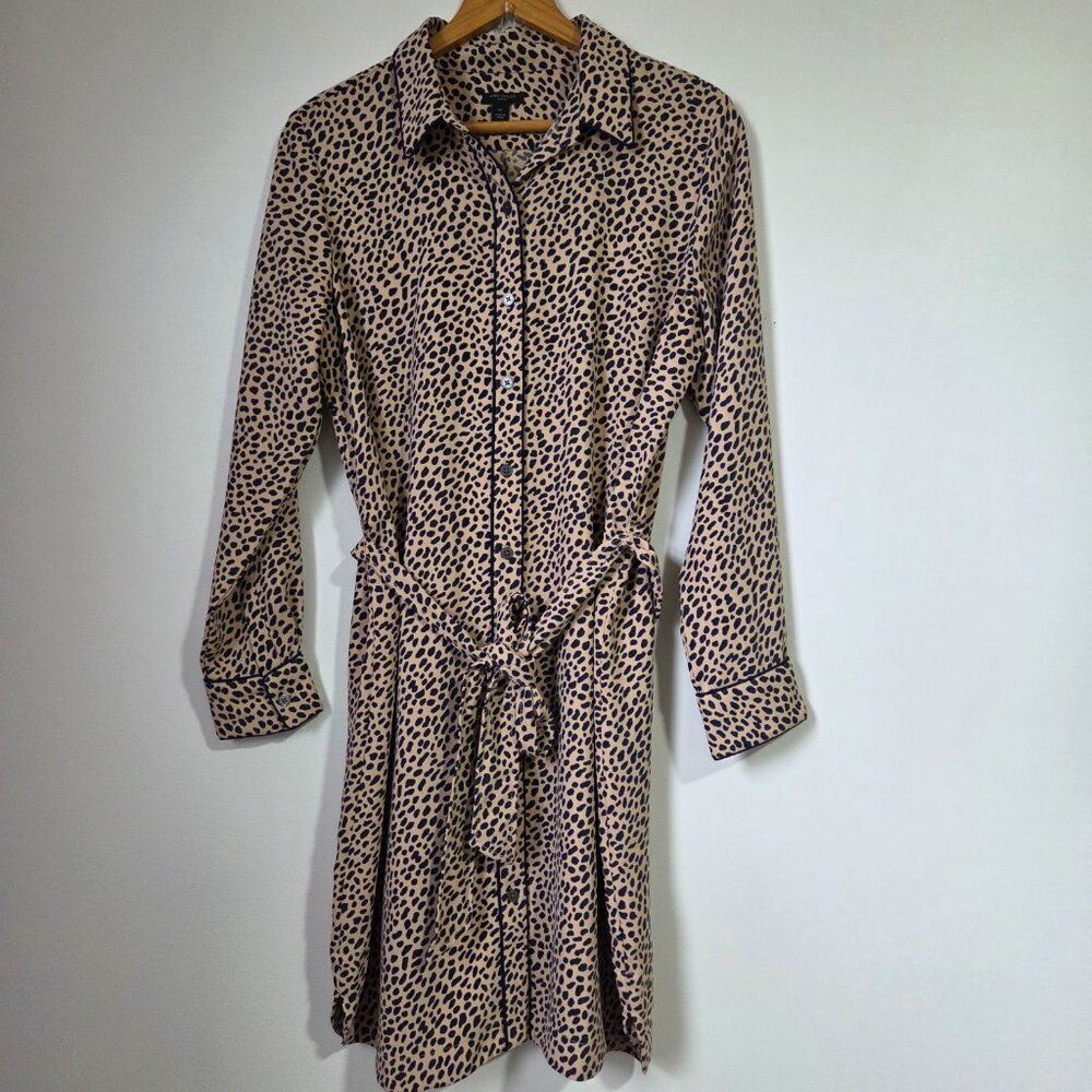 EUC ANN TAYLOR PETITE ANIMAL PRINT BUTTON DOWN LONGSLEEVES BELTED DRESS SIZE LP